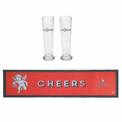 LITTLE CREATURE  BAR MAT 25x90cm + PLUS 2 X FLUTE  BEER GLASSES BNWOT MAN CAVE  • $59.99