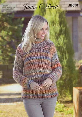 James Brett Womens Chunky Knitting Pattern Round Or Polo Neck Sweater JB656 • £3.99