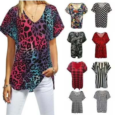 Womens T Shirt Ladies Oversized Baggy Plus Size Top Loose V Neck Turn Up Batwing • £4.94