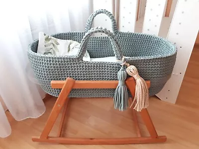 Green Baby Bassinet Moses Basket With Stand Handmade Cradle Crochet Newborn Crib • $132