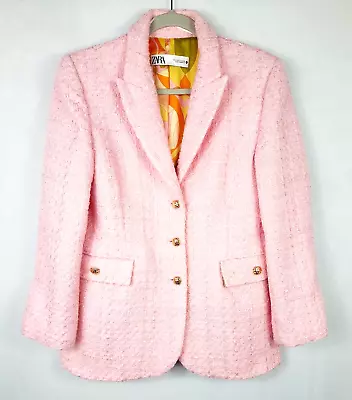 ZARA Womens Tailored Blazer Jacket Sz M Pink Textured Tweed Barbie Core • $79.95