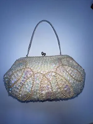 Vintage La Regale Sparkle Beaded Pearl Sequin White Evening Clutch Purse Chain • $10