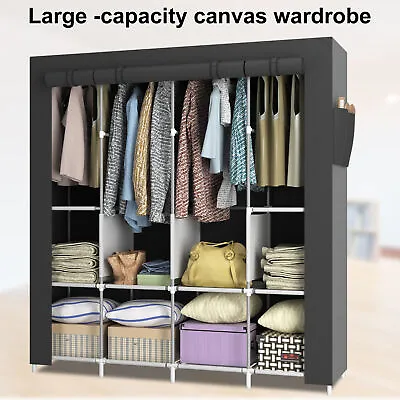 Black Canvas Fabric Wardrobe W/ Drawers & Hanging Rail Clothes Storage Cupboard • £25.99