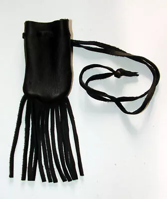 Medicine Bag W/ Fringe  2.5 X3.5  + Fringe 32  L Drawstring BLACK LEATHER • $13.95