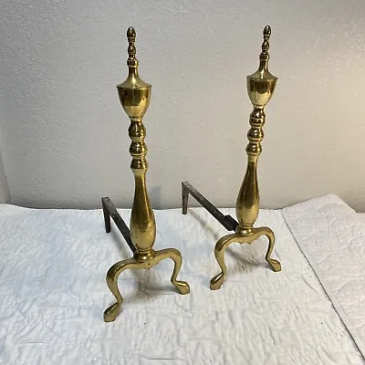 Vintage Brass Claw Cast Iron Fireplace Andirons Firedogs 18.5 Inch • $55