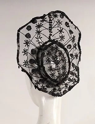 Gothic 1870’s Victorian Wired Net Headpiece Bonnet W Jet Beads & Sequins • $328.79