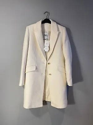 Zara Textured Coat With Golden Buttons Ecru Size L Bnwt • £69.99