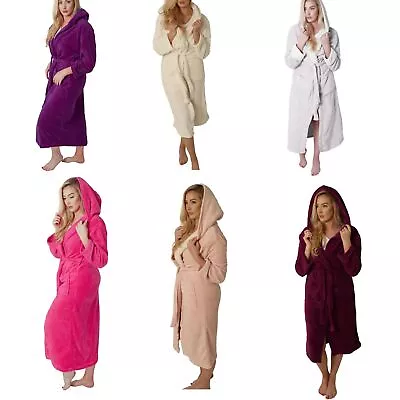 Womens Snuggle Fleece Dressing Gown Housecoat Bathrobe Hooded Long Sleeve 6-20 • £15.99