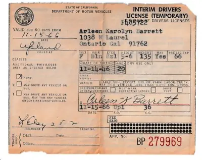 Vintage 1960s Temporary Interim Drivers License DMV Ontario California • $6.99