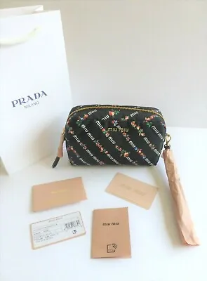 Miu Miu New Black Logo Floral Print Nylon Clutch Wristlet Make Up Bag Pouch $450 • $305.99