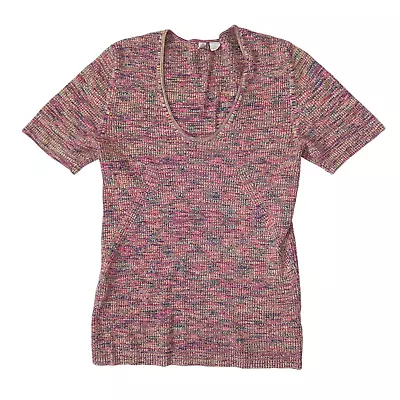 Anthropologie Moth Womens Ribbed Stretchy Short Sleeve Top Multi Color Pink XL • $34.99