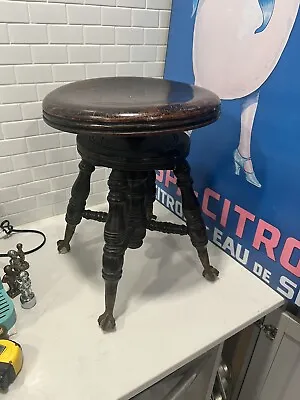 Antique Victorian Primitive Piano Stool Glass Ball & Claw Adjustable Seat READ! • $79.99