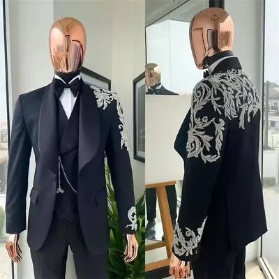 Luxury Appliques Men Suits 3 Pieces Wedding Tuxedo Formal Prom Party Office Wear • $109.99