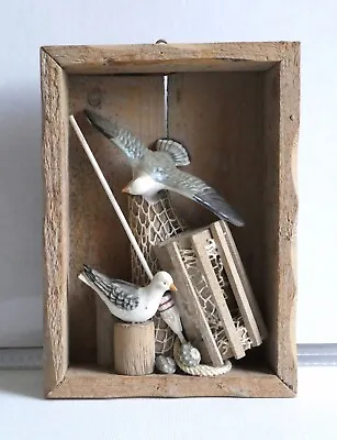 Vintage Wood Shadow Box Seagull Fisherman Gear Lobster Trap Collage Beach • $34.99