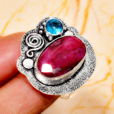$2.99 • Buy Ruby(Simulated), Blue Topaz Gemstone Handmade Gift Jewelry Ring Size 5.5 Z348