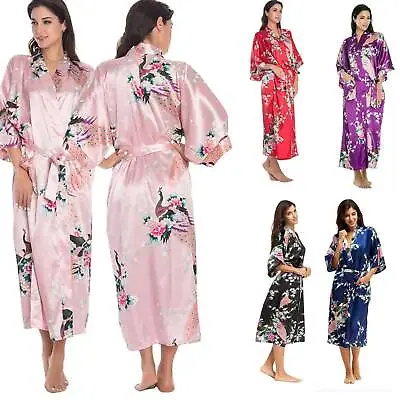 $18.49 • Buy Luxury Women Floral Silk Satin Kimono Night Dress Gown Lace Up Bathrobe Pajamas