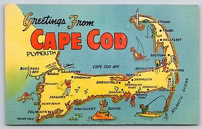 Map Of Cape Cod MA Peninsula~Cape Cod Bay~Beaches~Lighthouses~Vintage Linen PC • $3.70