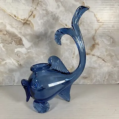 Vintage Art Glass Blue Fish Vase Dolphin Sculpture • $19.90