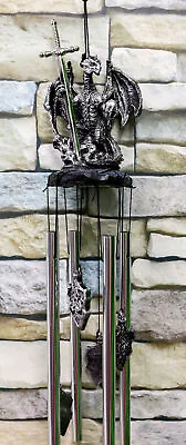 Medieval Silver Dragon Holding Excalibur Sword And Orb Figurine Wind Chime Decor • $32.99