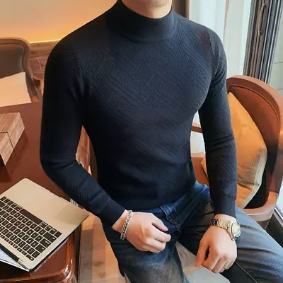 Turtleneck Long Sleeve Knitted Sweaters Men Clothing Slim Fit Casual Pullovers • $34.57