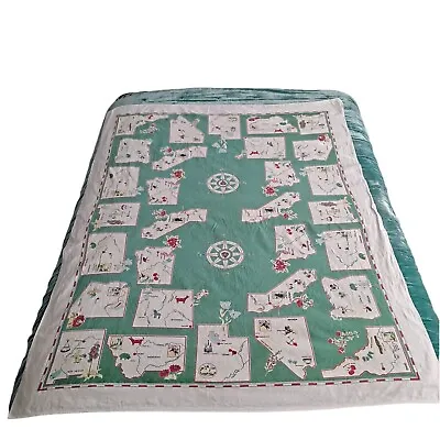 Vintage Tablecloth State California Nevada Utah Green Flower Compass 50  X 62  • $174.99