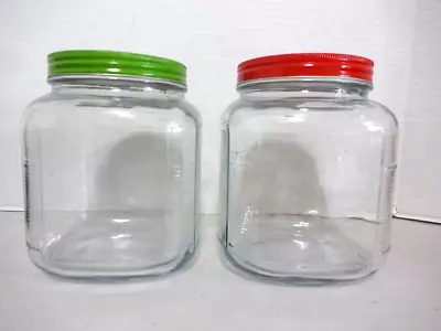 Vintage Hoosier Style Glass Coffee / Cookie Jar Ribbed W/Red & Green Lids • $25