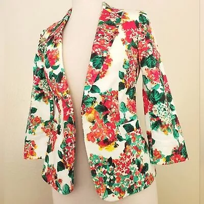 ZARA Blazer Cotton White Multicolor Floral Printed Spring Jacket Business Work S • $40