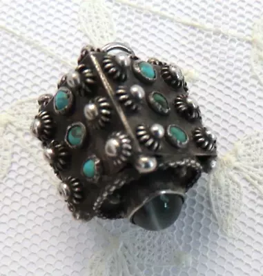 🥰VTG 20's 800 Silver OLD ORNATE ETRUSCAN FOB CHARM W Turquoise Stones • $38.95