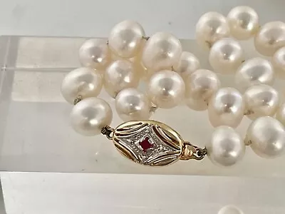 $495 • Buy Akoya White Hand Knotted Pearl Bracelet 14k Yellow Gold Ruby Sapphire 9 Inches