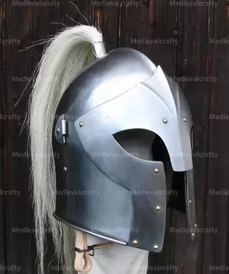 18 Gauge Fantasy Viking Helmet With White Plume Medieval Bacinet Visor Helmet • $89