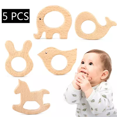 5pcs Baby Teether Wood Cute Animal Wooden Pendant Teething Ring Chew Toys DIY  • £4.99