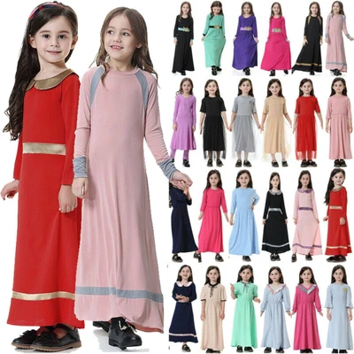 $22.79 • Buy Muslim Girls Kid Long Sleeve Robe Kaftan Dress Abaya Arab Islamic Maxi Dresses'