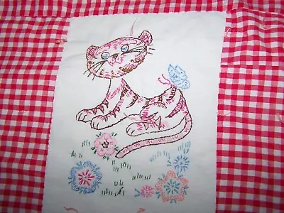 Vintage Red Hand Embroidered Animal Quilt Nursery Child 46 X 74 Gingham & Calico • $48