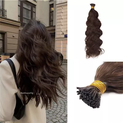 Natural Wave I Tip Human Hair Extension Pre Bonded Microlink Wavy Hair #4 Brown • $60.97