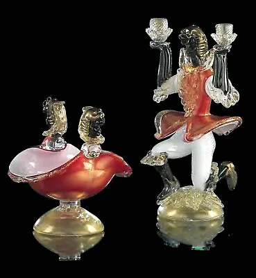 Genuine Murano Glass Moor Candlestick Gold 2 Flames Venetian Statuette Figurine • $370