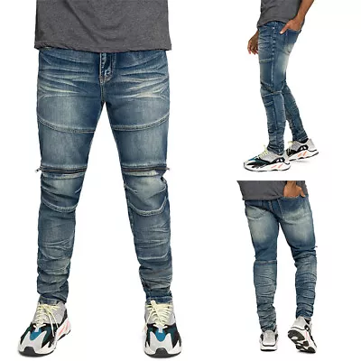 Victorious Men's Casual Moto Knee Zipper Skinny Fit Denim Jeans DL1347 • $39.95