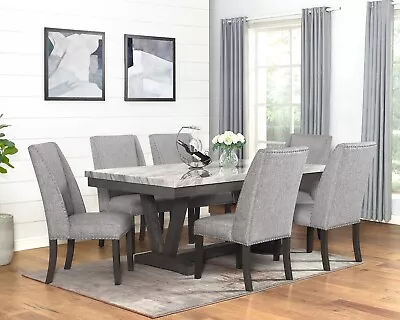 7Pc Dining Set White Faux Marble Table Upholstered Wing Back Chairs Gray Finish • $1399.99