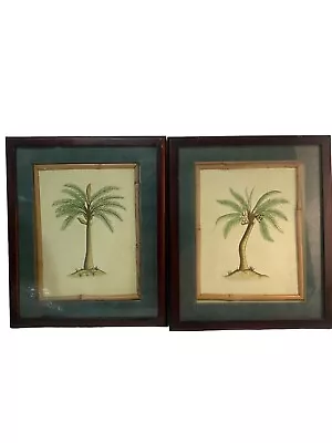 Vintage Framed Wood & Bamboo Framed Palm Tree Prints 15x13” • $40.99