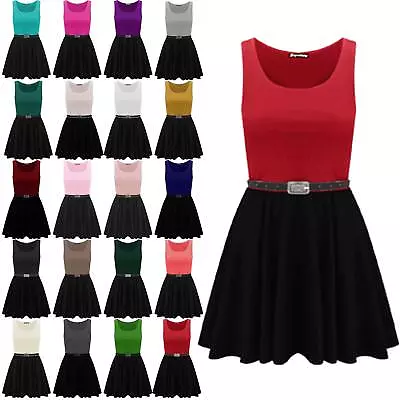 Womens Sleeveless Belted Franki Ladies Office Flared Contrast Skater Swing Dress • $9.46