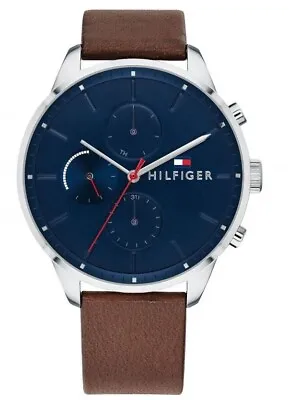 Tommy Hilfiger Men's Blue Multi Dial Watch Brown Leather Strap-NEEDS NEW BATTERY • £45