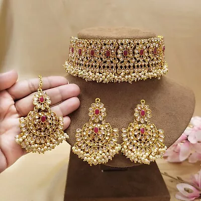 Indian Bollywood Gold Plated Kundan Choker Bridal Necklace Earrings Jewelry Set • $27.99