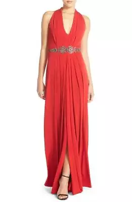 * NWT AIDAN MATTOX Embellished Sleeveless Jersey Gown Beading  0 4 Red $715 • $50