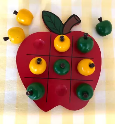 Vintage Wooden Apple-Themed Tic Tac Toe Board Game • $22