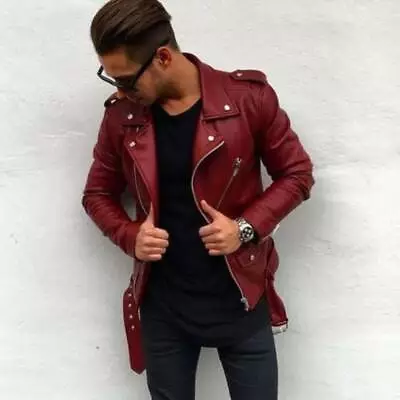 NEW Men Genuine Lambskin Leather Jacket Maroon Slim Fit Biker Motorcycle Jacket • $130