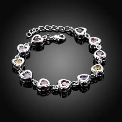 Womens Multicolor Crystal Bracelet 925 Sterling Silver Heart Bracelet Bangles • $8.51