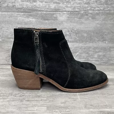 Madewell Boot Womens 7 Janice Ankle Bootie Black Suede Zip Western Stacked Heel • $14.95