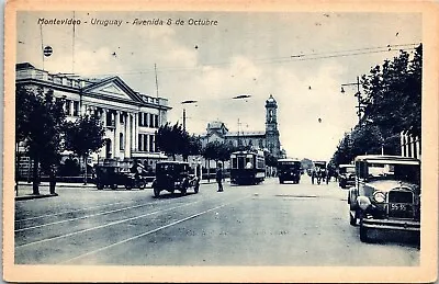 Montevideo Uruguay Avenida De Octubre Black White Trolley Old Car Postcard • $2.75