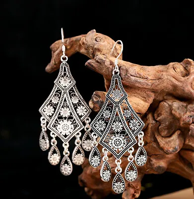 I03 Earring Geometric Tassel Drop With Flowers Middle Eastern Silver 925 • $110.93