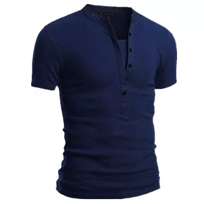 Mens Casual Slim Fit V Neck T-Shirt Muscle Tee Tops Short Sleeve Button Blouse • $9.56