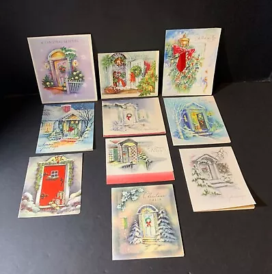 VTG Christmas Card Lot (10) Welcoming Front Doors Wreaths Greenery Trees Bushes • $4.99